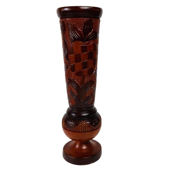 Carved Wooden Decorative Vases Rustic Floral Pineapple Checkered Boho Footed VTG - Picture 2 of 14